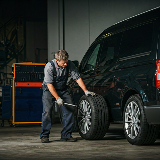 Professional mobile tire technician working on a luxury car wheel